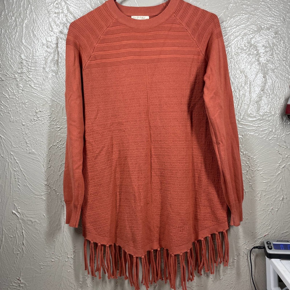 River & Ridge Burnt Orange Raglan‎ Sleeve Knit Fringe Hem Sweater Womens Small